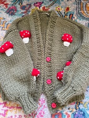 Olive Green Mushroom Cardigan with Red Accents/ Vintage Style